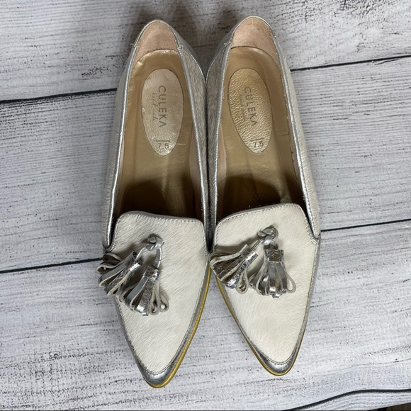 Culeka Handmade Calf Hair & Metallic Leather Tassel Loafers Sz 7.5 - Picture 5 of 9